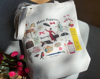 Tote Bag with Vintage Mary Poppins Print, Shopping Bag with 1970s Retro Design, Birthday Gift For Her, Canvas Eco Bag, Student Shoulder Bag