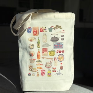 Tote Bag with Vintage Japan Print, Eco Shopping Bag with Retro Japanese Food Design,Birthday Gift, Tote Bag with Sushi, Japan Culture Bag
