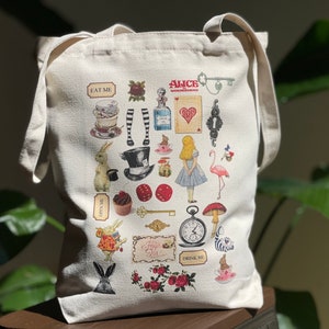 Tote Bag with Vintage Alice in Wonderland Print, Shopping Bag with Retro Design, Birthday Gift Bag, 1970s Style Canvas Eco Bag, Shoulder Bag