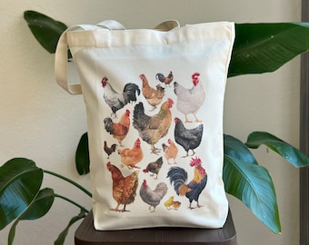 Tragetasche mit Vintage Huhn Print, Canvas Umhängetasche mit Retro Hähne Design, Geburtstagsgeschenk für Hahn Fan, Student Book Tote Bag