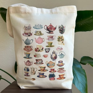 Tote Bag with Retro Teacup Print, Eco Shopping Carry Bag with Vintage Tea Cups, Birthday Gift For Tea Fan, Cotton Canvas Student Book Bag