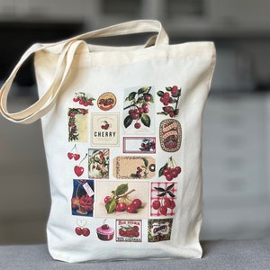 Canvas Tote Bag with Retro Cherry Print, Natural Shopping Carry Bag with Vintage Berries, Birthday Gift For Cherry Lover, Cotton Canvas Bag