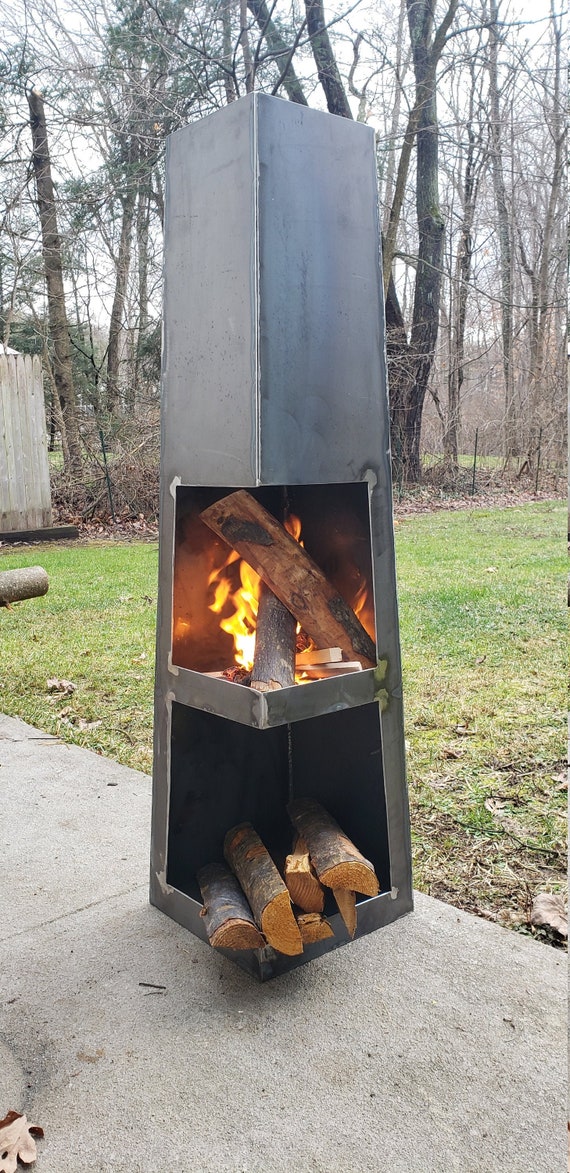 Steel-geometric Chiminea With Wood Storage - Etsy