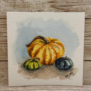 Miniature Watercolor Pumpkins Painting 3x3" Original Hand Painted Mini Art Signed NOT A PRINT Fall Autumn Halloween Decor Pumpkin Patch