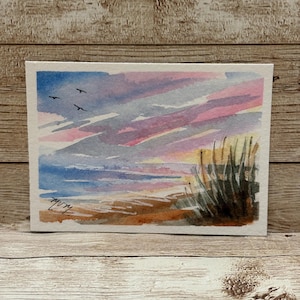 Aceo Art Card Seascape Mini Original Watercolor Painting 2.5x3.5 inch Hand Painted Signed NOT A PRINT Beach Sunset For Small Frame