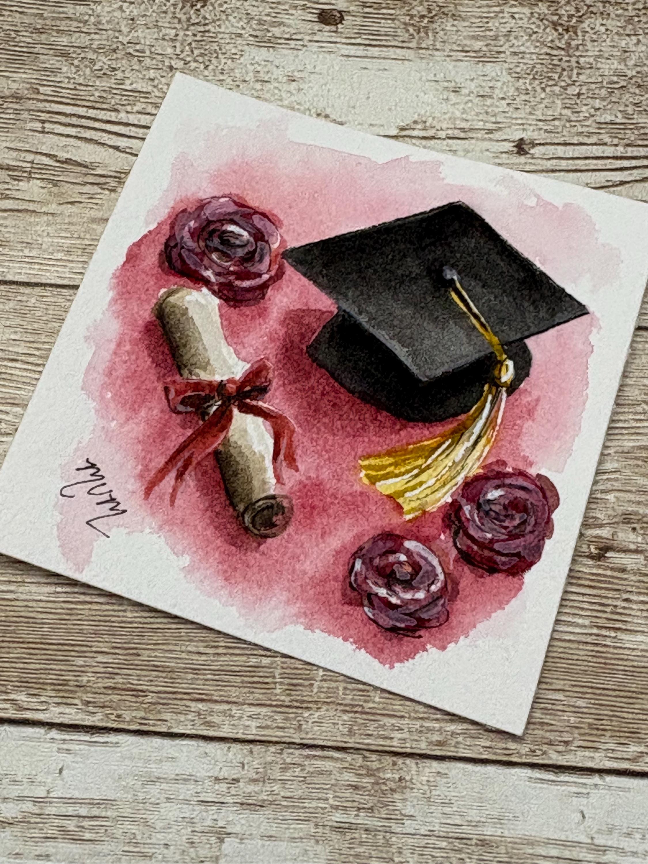 Miniature Watercolor Graduation Cap Painting Mini 3x3" Original NOT A ...