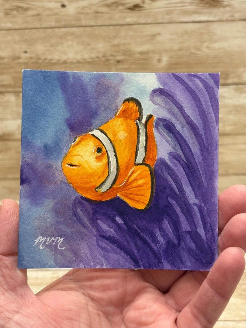 Clownfish Miniature Watercolor Painting 4x4" Mini Art Ocean Saltwater ...