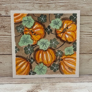 Miniature Watercolor Pumpkin Patch Painting 3x3" Original Hand Painted Mini Art Signed NOT A PRINT Fall Halloween Decor For Small Frame