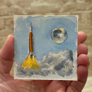 Artemis II Rocket Launch Painting Mini Watercolor 3x3 Space Art with Moon Original Signed NASA Inspired For Small Frame