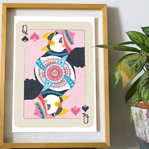 Puffin print, Puffin lover, Queen, Playing card, Puffin art, Puffin poster, Custom art, Bird illustration, Puffin gift, bird art
