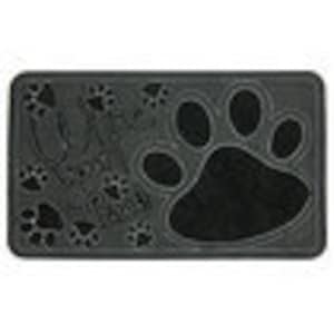 Könnte beinhalten: Schwarze Fußmatte mit einem großen Pfotenabdruck-Design. Der Pfotenabdruck ist in einem helleren Grauton umrandet. Kleinere Pfotenabdrücke sind über die gesamte Matte verteilt.