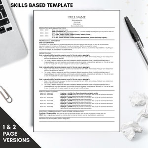Puede incluir: Una plantilla de currículum basada en habilidades con secciones para educación, cualificaciones, experiencia profesional, perfil de habilidades, resumen de empleo, puestos de responsabilidad y otra información. La plantilla está diseñada para ayudar a los buscadores de empleo a destacar sus habilidades y logros.