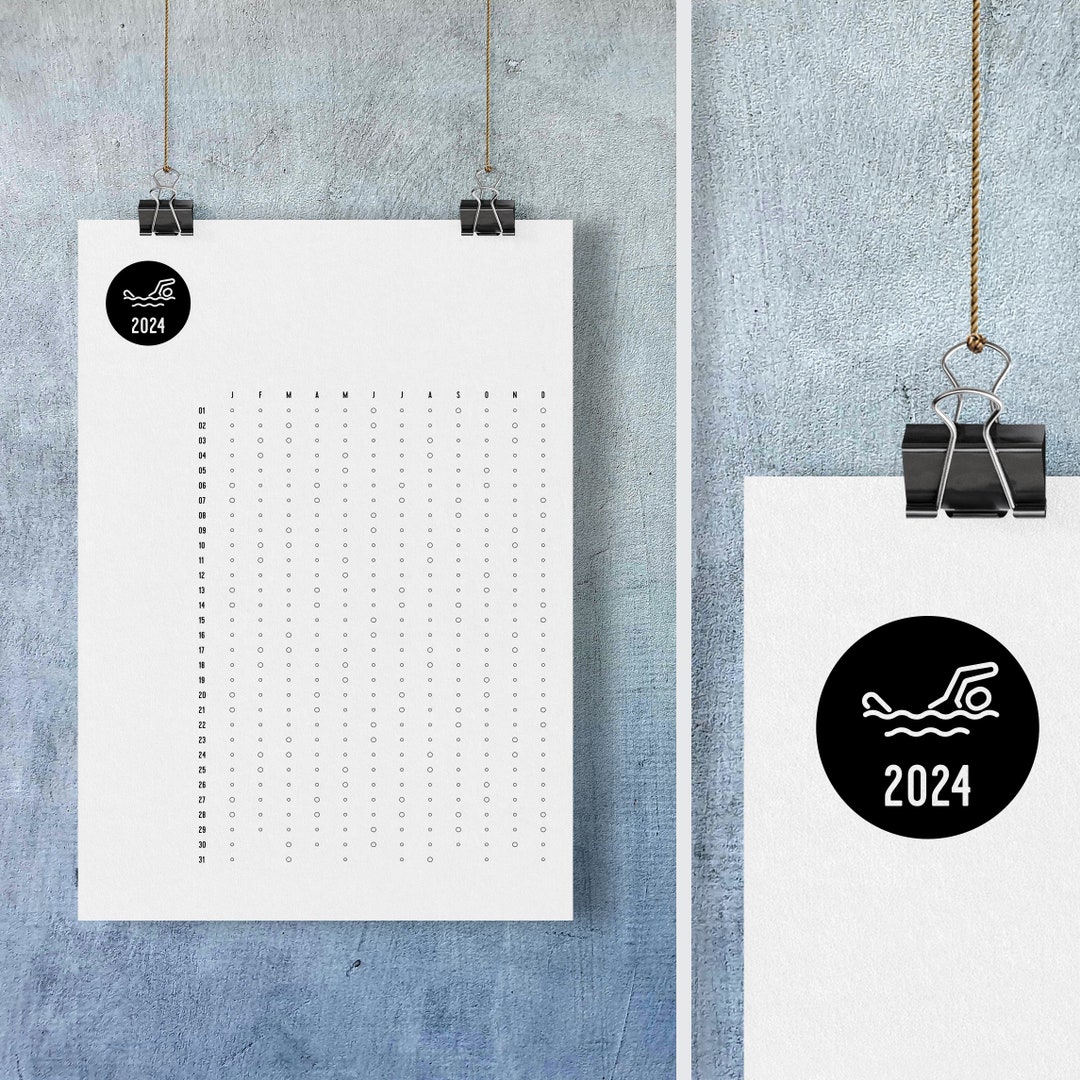 SWIMMING 2024 Calendar Progress Tracker Printable PDF A4 Min Size Wall