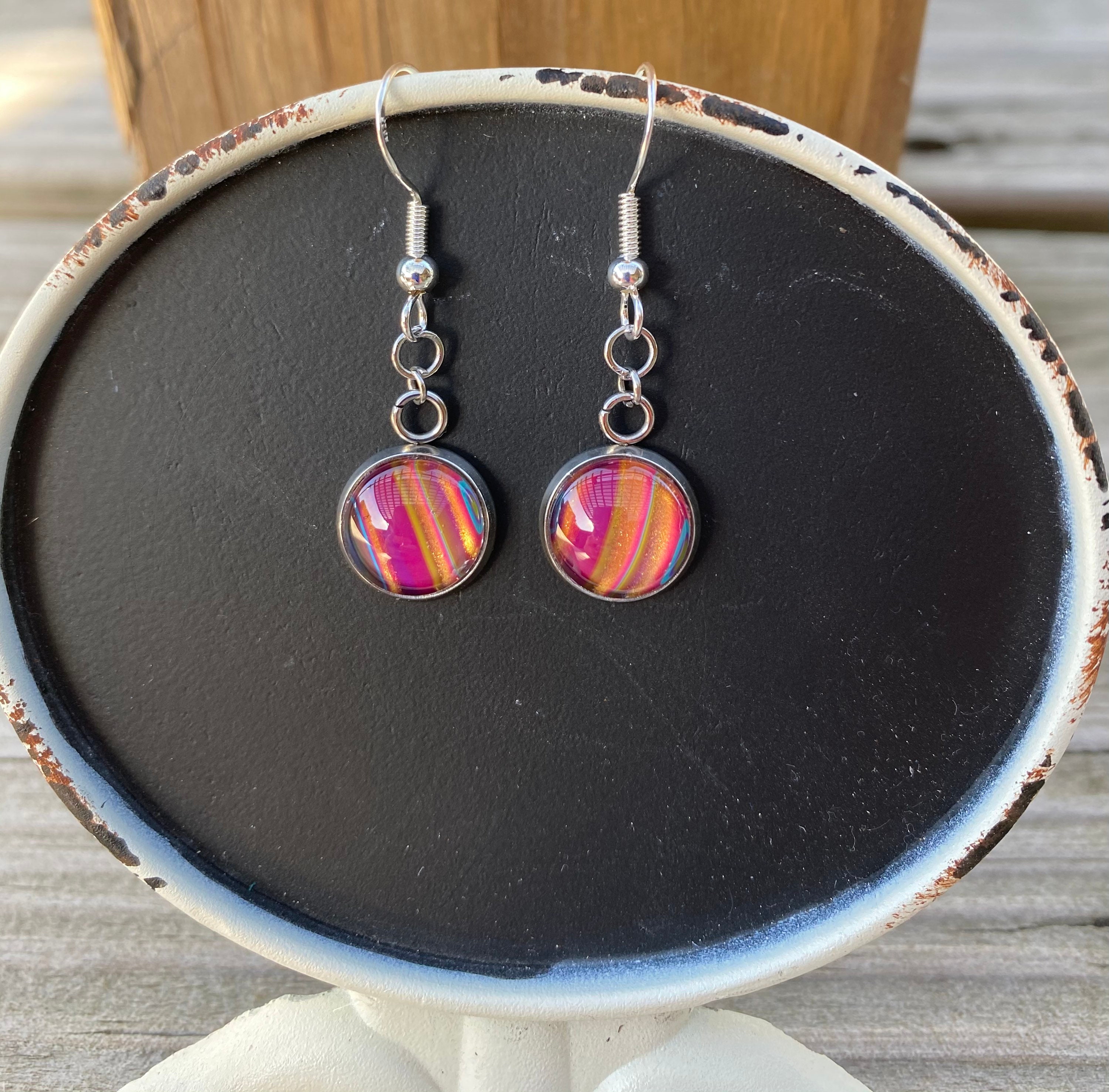 Sterling silver with acrylics paint pour earrings dangly Etsy