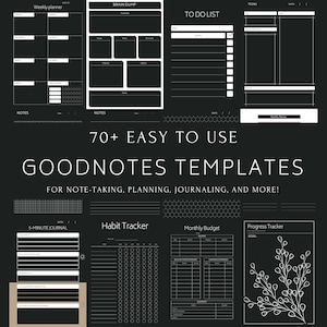 Puede incluir: Una imagen en blanco y negro que muestra más de 70 plantillas de Goodnotes para tomar notas, planificar, llevar un diario y mucho más. Las plantillas incluyen un planificador semanal, un volcado de cerebro, una lista de tareas, un diario de 5 minutos, un rastreador de hábitos, un presupuesto mensual y un rastreador de progreso.