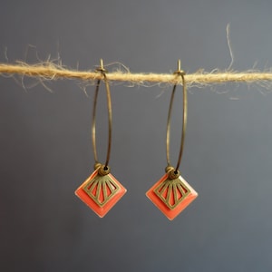 Original creation earrings * John & Yoko * bronze creoles earrings with coral diamond-shaped and bronze sequin