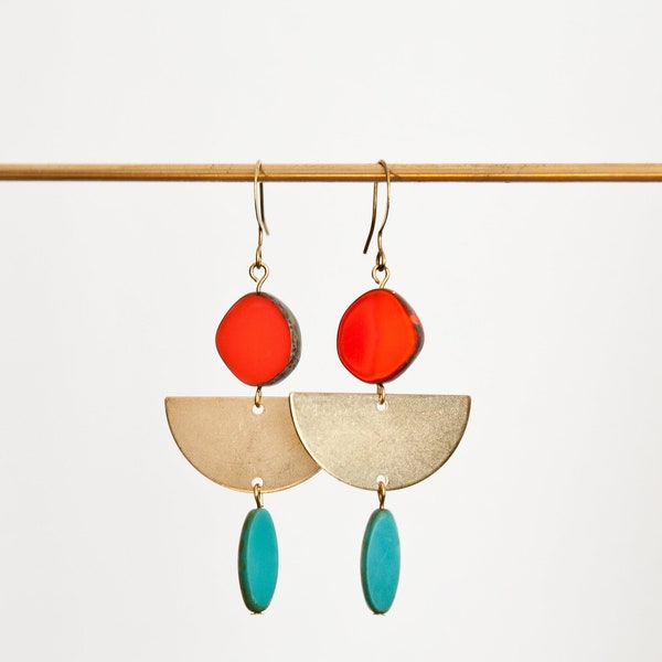 Handmade earrings * Sailor & Lula *, woman's jewelry, raw brass, round red Czech glass beads and turquoise drop, elegant and design