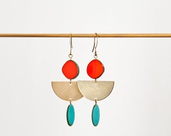 Handmade earrings * Sailor & Lula *, woman's jewelry, raw brass, round red Czech glass beads and turquoise drop, elegant and design