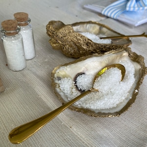 Hand Painted Gold Oyster Shell Salt Dish with Gold Spoon and Salt