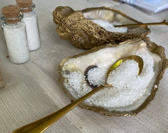 Hand Painted Gold Oyster Shell Salt Dish with Gold Spoon and Salt