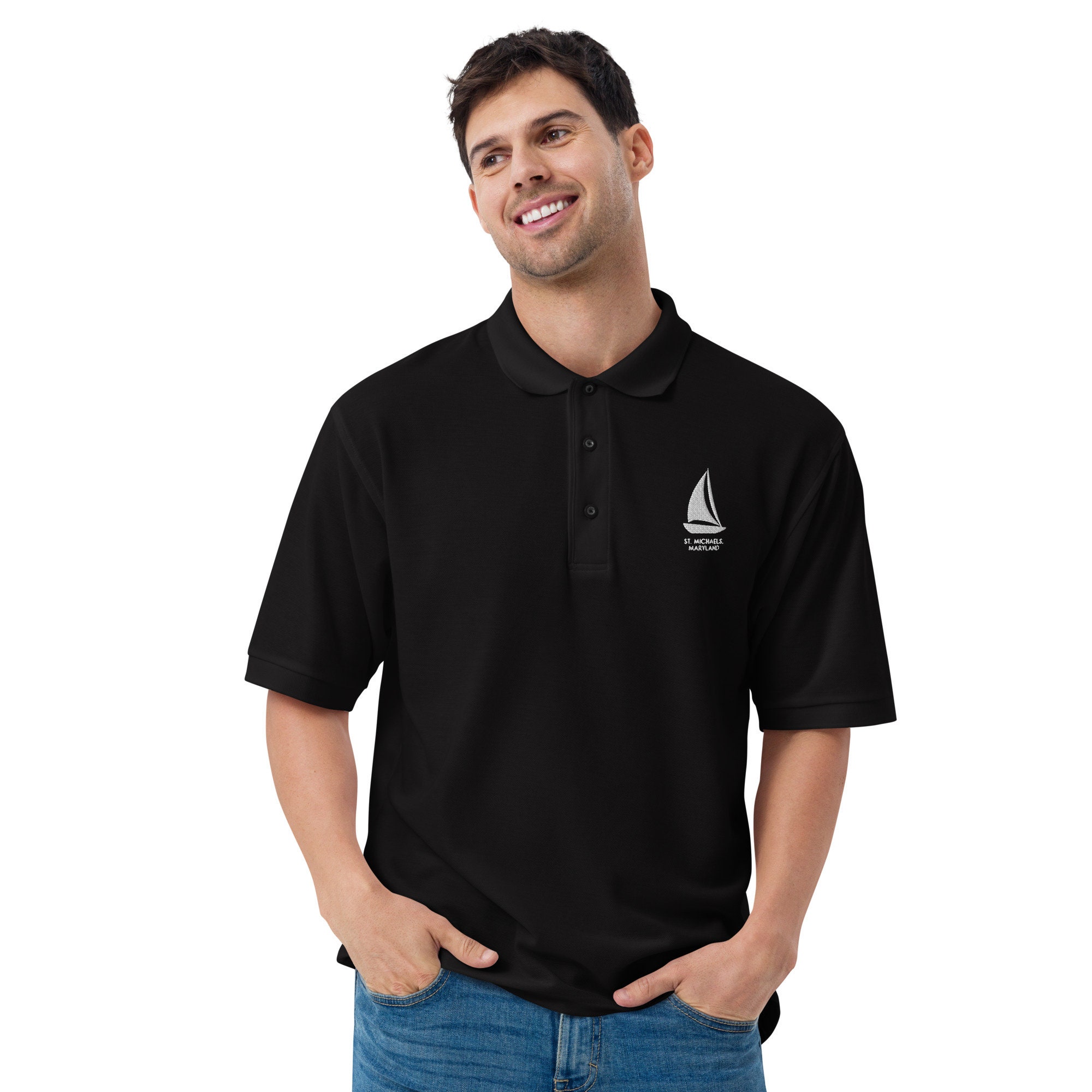 Discover St. Michaels, Maryland Sailboat // Embroidered Men's Premium Polo