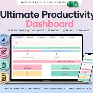 May include: A digital productivity dashboard for Microsoft Excel and Google Sheets displayed on a laptop and smartphone. The interface features sections for Brain Dump, Daily Focus, Weekly, Tasks, and Finances with a pastel color scheme.