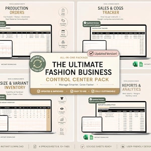 Op de afbeelding: Een digitaal pakket voor modebedrijven met spreadsheets voor productie, verkoop, voorraad en rapporten. Het 'Ultimate Fashion Business Control Center Pack' bevat 4 spreadsheets en meer dan 70 tabbladen.