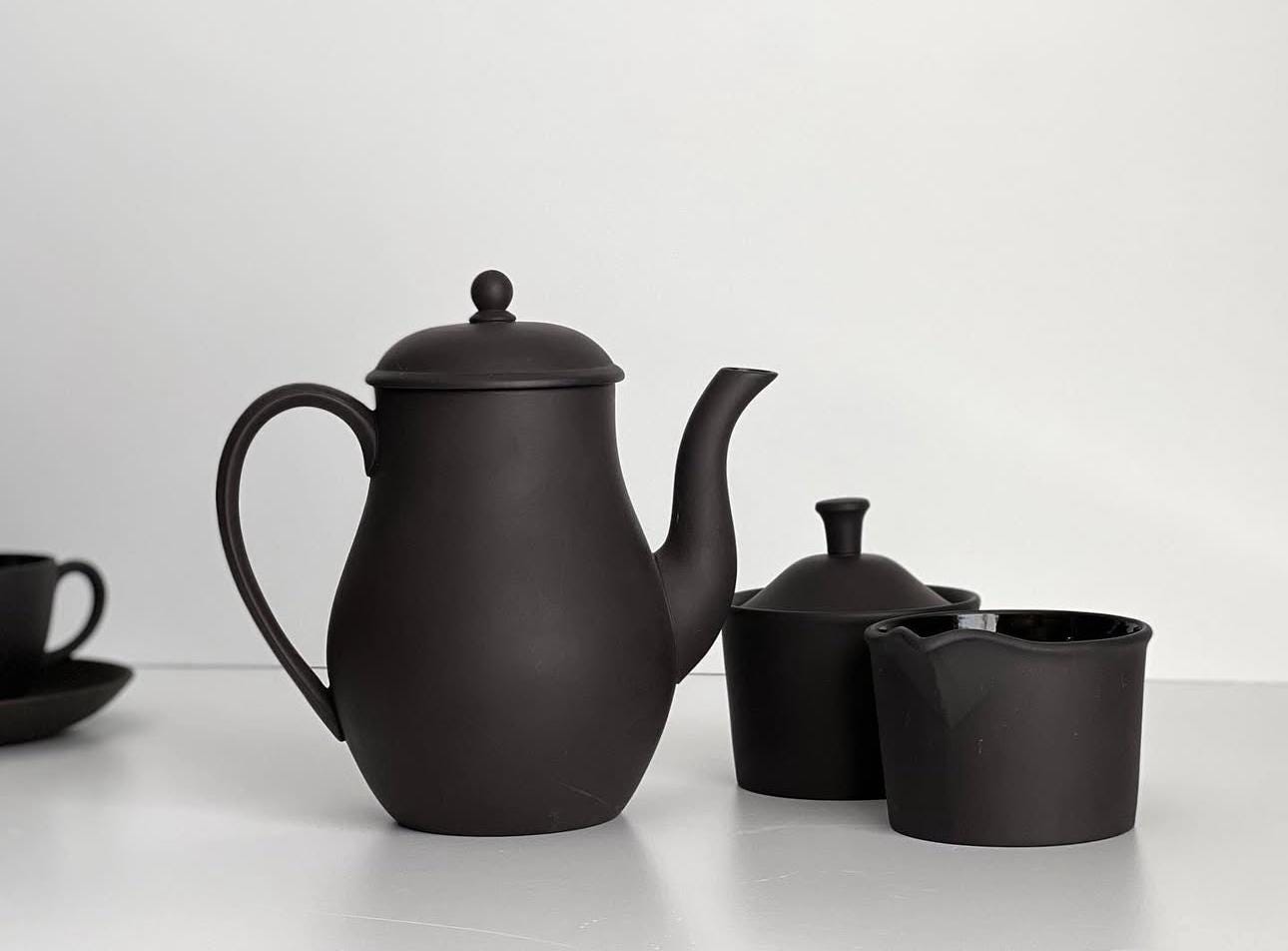 Wedgwood Basalt Black Teapot, Creamer and Sugar Dish, 1960