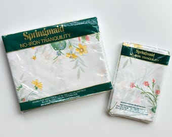 Vintage Bedding Double Flat Sheet Pillow Cases Springmaid Floral Made in USA Fabric