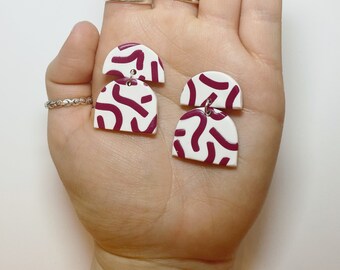 White & maroon abstract squiggle patterned statement earrings | Handmade | Polymer clay | Standard stud earrings OR clip-on earrings