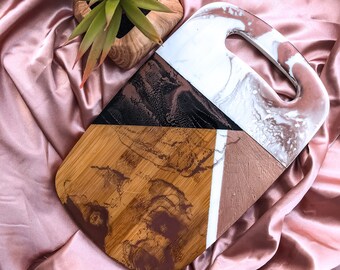 Serving Tray Marble Black and Rose Gold Resin Tribal Wood Serving Board with Handle Aztec Kitchen Decor Charcuterie Agate
