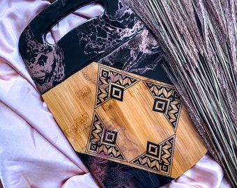 Serving Tray Marble Black and Rose Gold Resin Tribal Wood Serving Board with Handle Aztec Kitchen Decor Charcuterie Agate