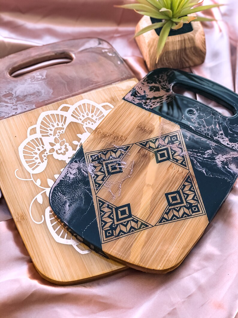 Serving Tray Marble Black and Rose Gold Resin Tribal Wood Serving Board with Handle Aztec Kitchen Decor Charcuterie Agate