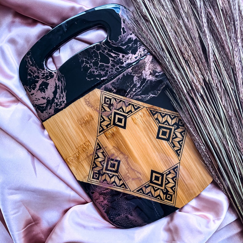 Serving Tray Marble Black and Rose Gold Resin Tribal Wood Serving Board with Handle Aztec Kitchen Decor Charcuterie Agate