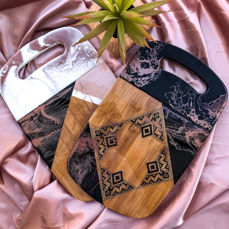 Serving Tray Marble Black and Rose Gold Resin Tribal Wood Serving Board with Handle Aztec Kitchen Decor Charcuterie Agate