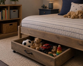 Rustic Rolling Under Bed Storage Box: Wooden Toy & Clothes Organizer