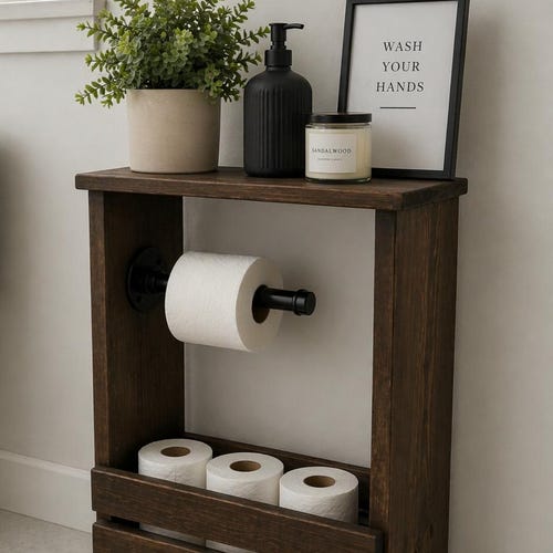 Rustic Farmhouse Toilet Paper Holder: Freestanding Bathroom Storage Shelf, 23.5 X 15.5 Shelf