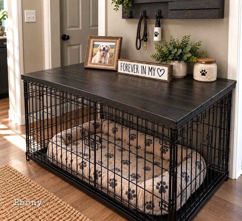 Pu&ograve; includere: Una gabbia per cani in metallo nero con un piano superiore in legno scuro. All'interno si trova una cuccia beige con un motivo a impronte nere. Sul piano in legno poggiano una cornice, un cartello con scritto "FOREVER IN MY ♡", una pianta e un barattolo.