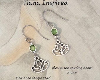 Tiana Lotus Flower Earrings, Princess and the Frog, Green Crystals, Tiana Disney Bound, Handmade