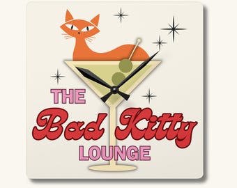 Atomic Cat Personalized, Modern Retro MCM Decor, Unique Family Gifts, Black Bad Kitty Lounge, Atomic Age, Acrylic Wall Clock