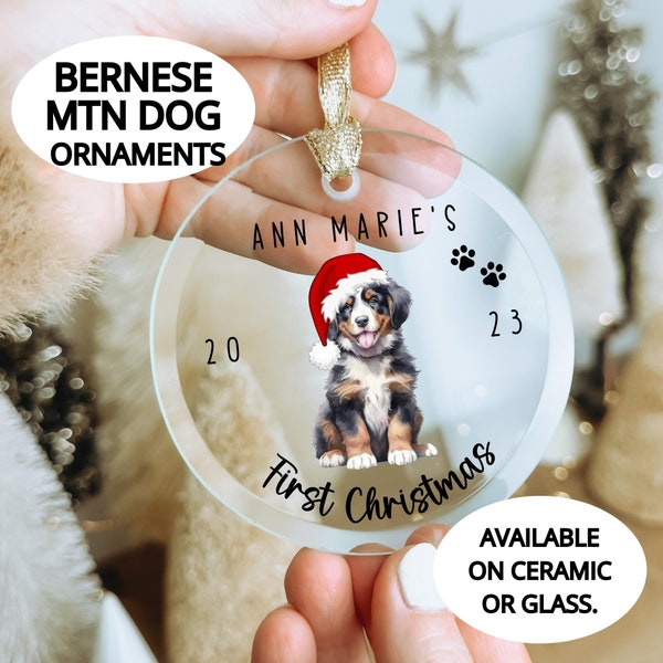Personalized Bernese Mountain Dog Ornament, Dogs First Christmas, New Puppy Ornament, Bernese Glass Ornament, Bernese Mountain Dog Gifts.