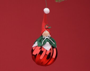 2.5 Inch Red Swirl Felt & Ball Elf Ornament - Handmade Christmas Elf - Cute Italian Elf Ornament