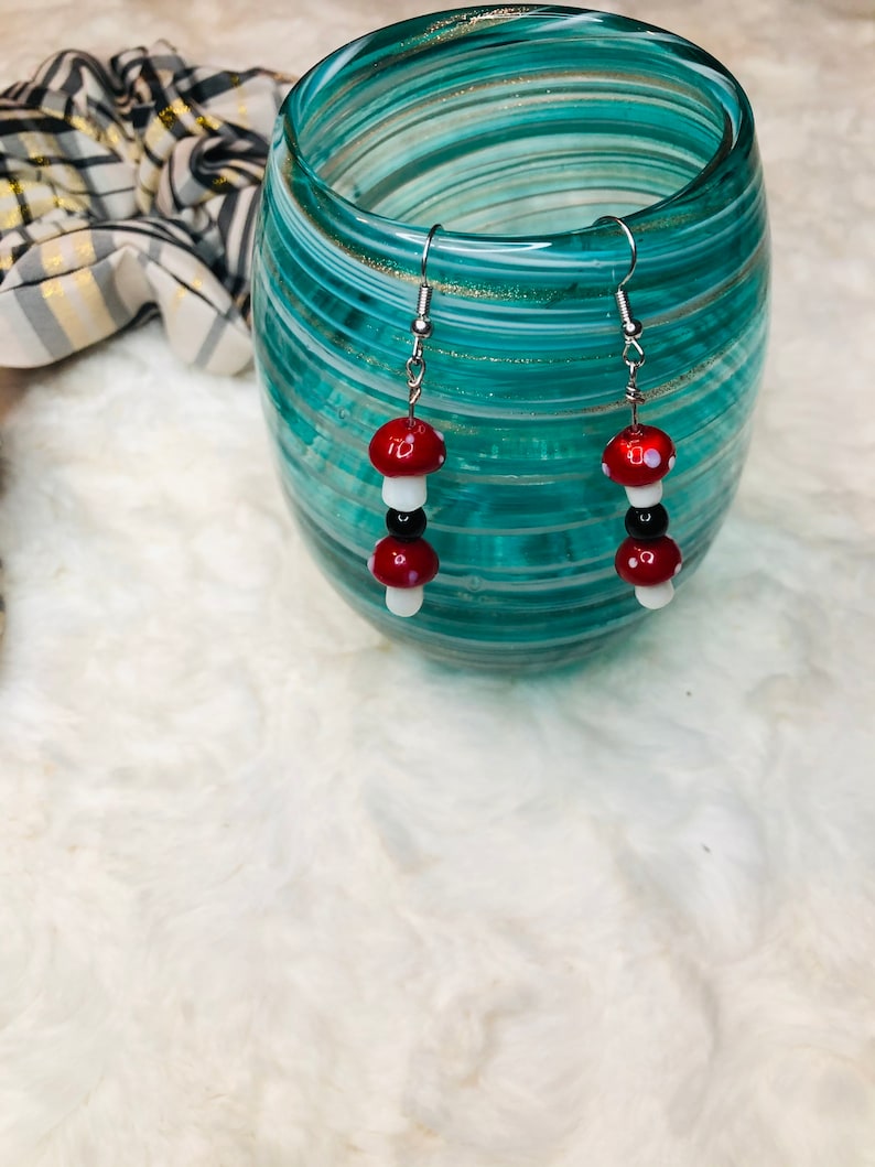 Mushroom Earrings with Black Accent Bead Red and White Mushroom Earrings.Dangle Earrings