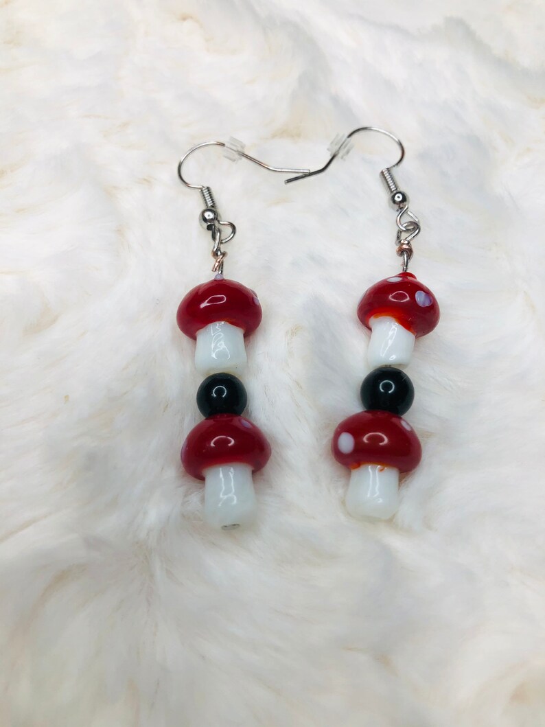 Mushroom Earrings with Black Accent Bead Red and White Mushroom Earrings.Dangle Earrings