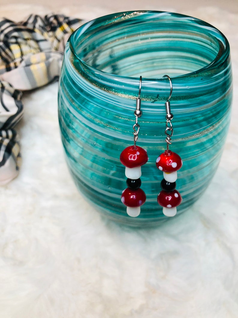 Mushroom Earrings with Black Accent Bead Red and White Mushroom Earrings.Dangle Earrings