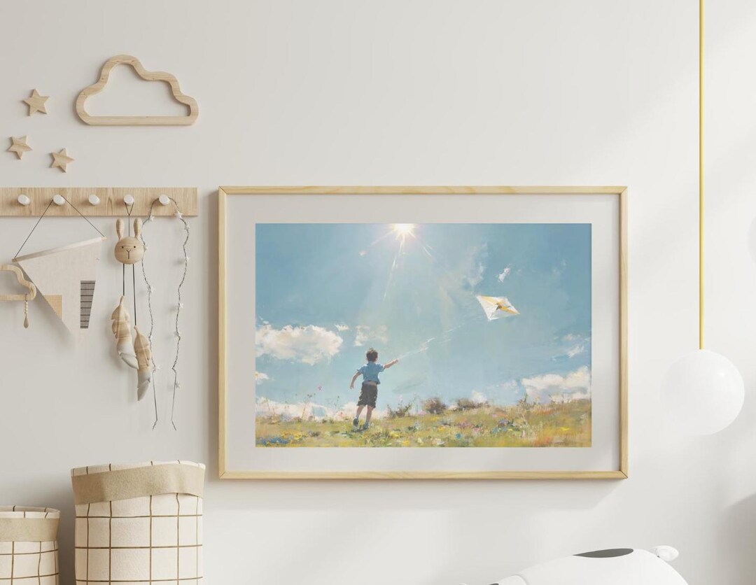 Painting of Boy Flying a Kite in a Sunlit Field | 48x32 Instant ...