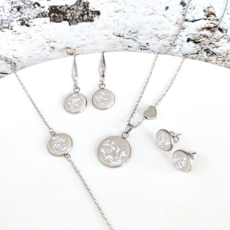 Jewelry set concrete silver, heart chain stud earrings bracelet, stainless steel concrete jewelry, gift for girlfriend women, bridal jewelry image 2