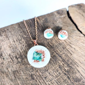 Concrete jewelry set shell copper, earrings chain round pendant, stainless steel necklace rose gold, concrete jewelry turquoise, gift for girlfriend
