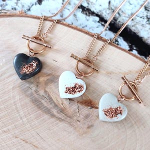 Concrete jewelry heart necklace rose gold, copper heart pendant, stainless steel necklace toggle clasp, heart necklace gift women birthday graduation
