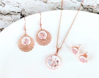 Beton Schmuckset Rosegold, Kette Ohrringe hängend Ohrstecker, Edelstahl Glitzer Hängeohrringe, Betonschmuck Geschenk Freundin Frau